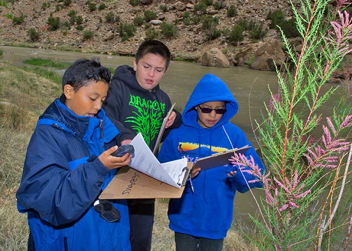 Española Valley students review key concepts, including the use of GPS and identifying non-native plants (Zen Mocarski).