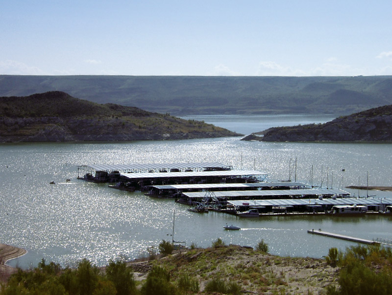 Learn about water recreation in New Mexico such as fishing & boating - shown is a marina at Elephant Butte.